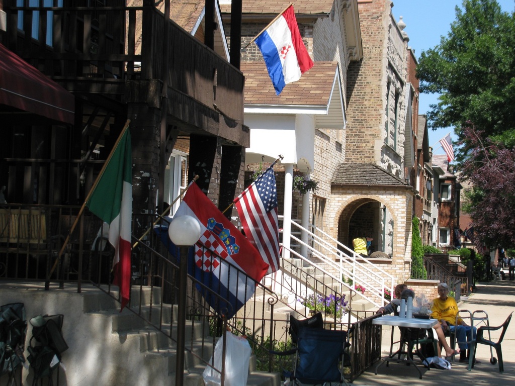 Croatian, Italian and American flags in Bridgeport