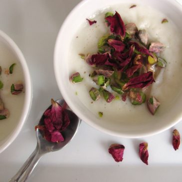 Muhallabieh – Milk pudding with Roses, Pistachios and Lemon syrup