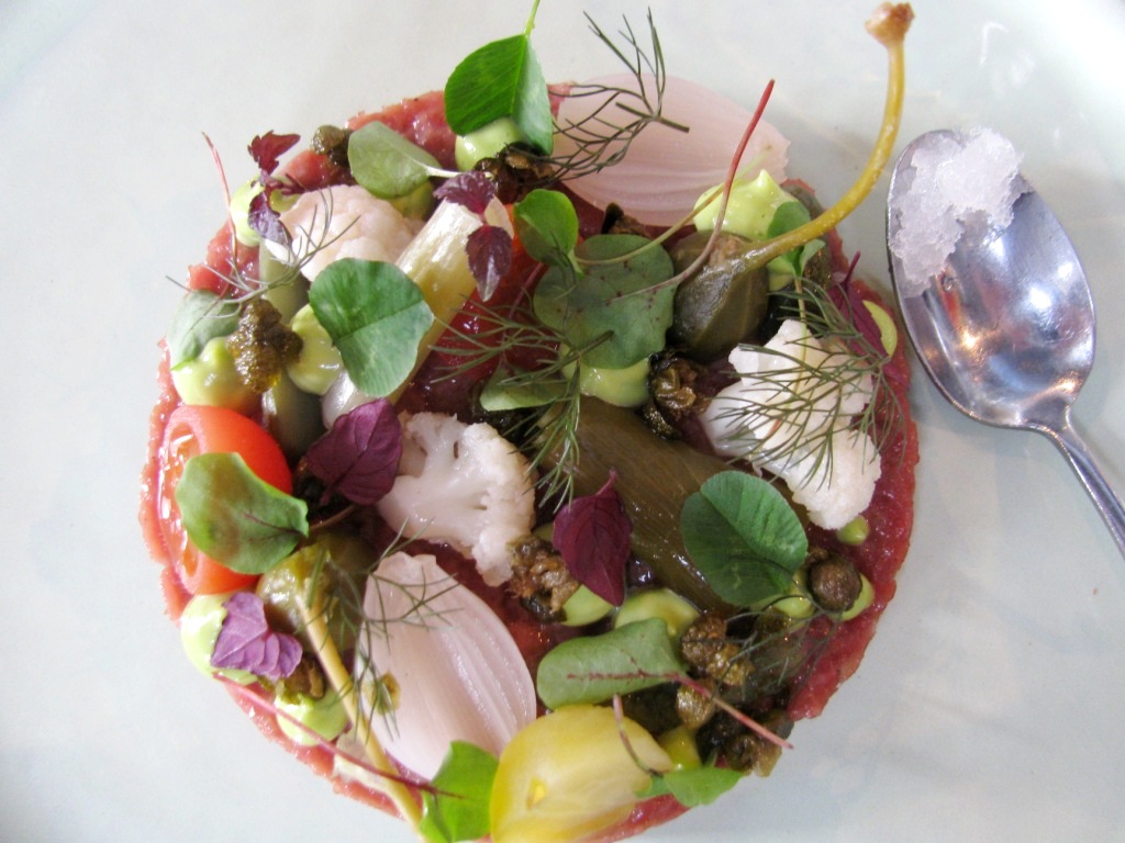 His appetizer: Tartar with pickled vegetables, cress, sweet and sour granite. One of two most beautiful plates.