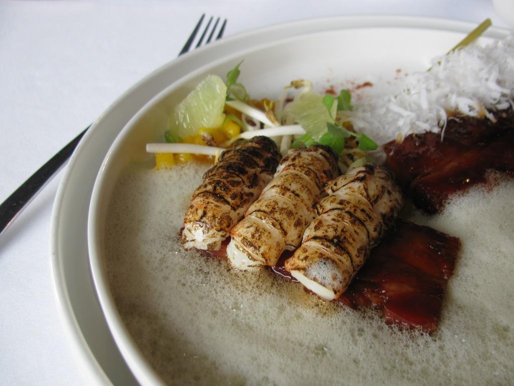 His main: prawn and pork belly in green curry coconut, mango, wild rice. Splendid!