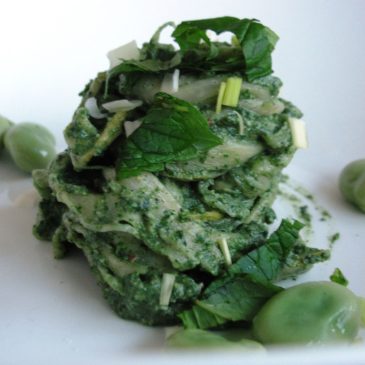 Pumpkin Noodles with Nettle pesto, Fava beans and Mint