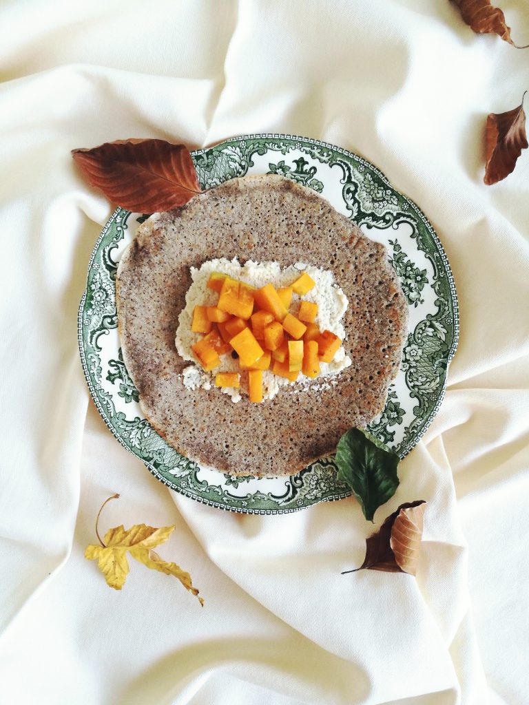 culinary postcards_buckwheat crepes with almond ricotta and pumpkin